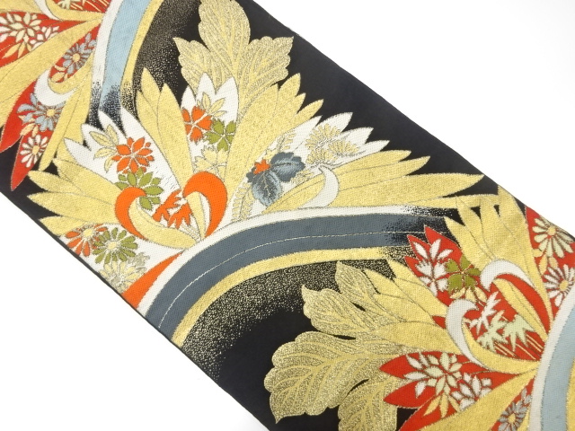 アンティーク　波に花模様織出し袋帯（着用可）